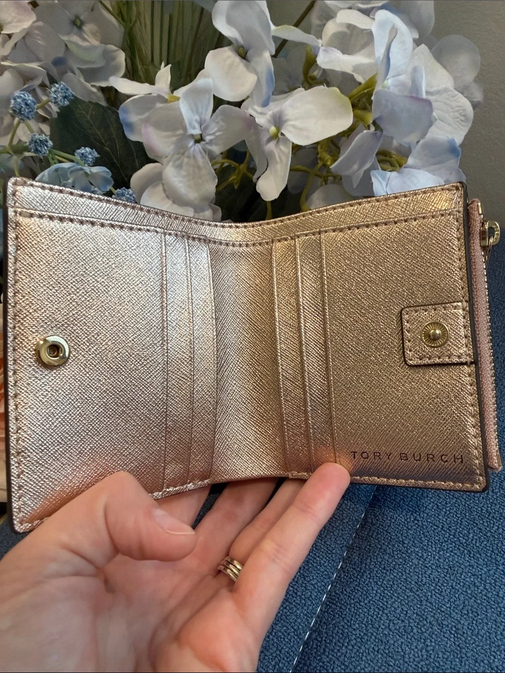 Tory Burch Metallic Rose Gold Compact Zip Wallet